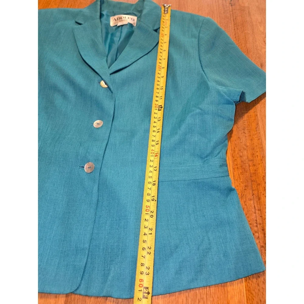 Adolfo Suits‎ Women 14 2 Pc Teal Blue Short Sleeve Blazer Pencil Skirt Suit Set
